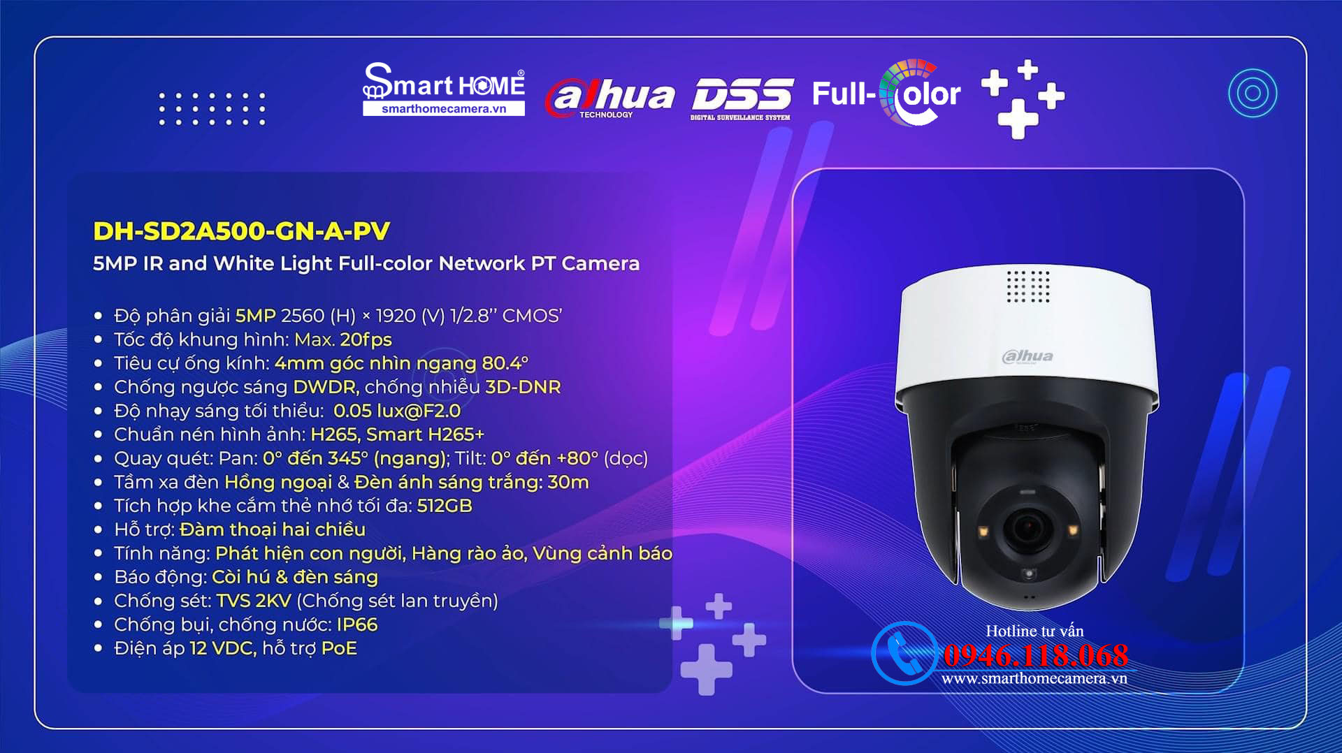 Camera Dahua DH-SD2A500-GN-A-PV - CAMERA IP PTZ MINI INDOOR 5.0MPX H265