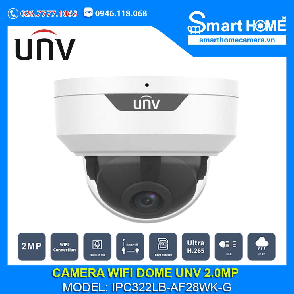 Camera UNV IPC322LB-AF28WK-G - Camera Wifi Dome UNV 2.0MP Ultra265