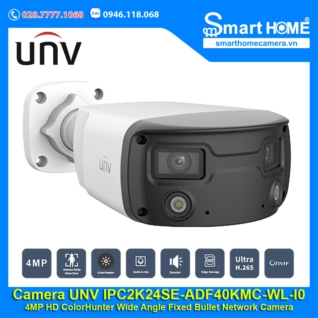 Camera UNV IPC2K24SE-ADF40KMC-WL-I0 - 4MP HD ColorHunter Wide Angle Fixed Bullet Network Camera