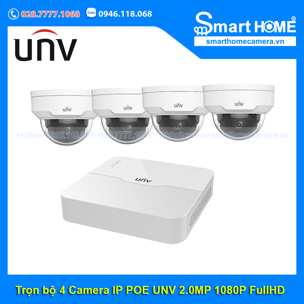 Trọn bộ 4 Camera IP POE UNV Trong Nhà 2.0MP 1080P FullHD - Bảo hành 2 năm
