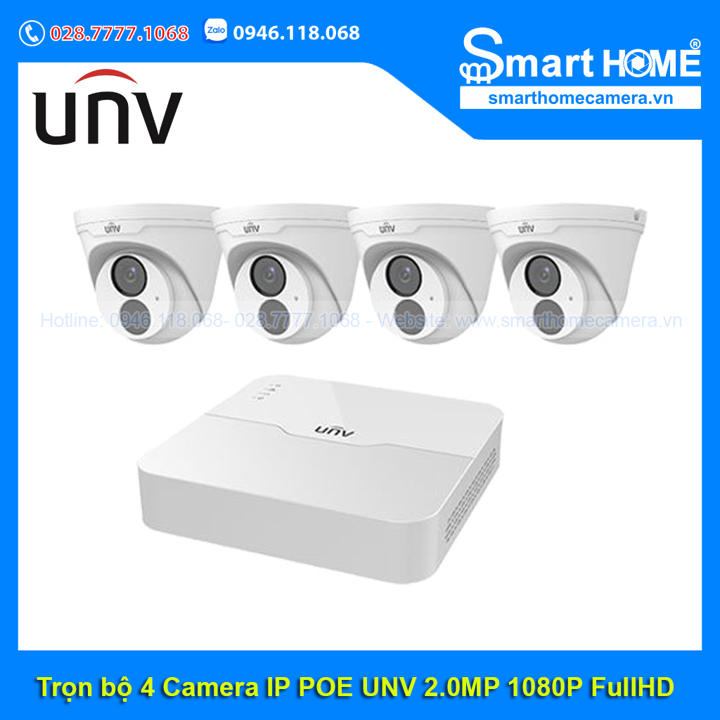 Trọn bộ 4 Camera IP Dome UNV Trong Nhà 2.0MP 1080P FullHD - Bảo hành 2 năm