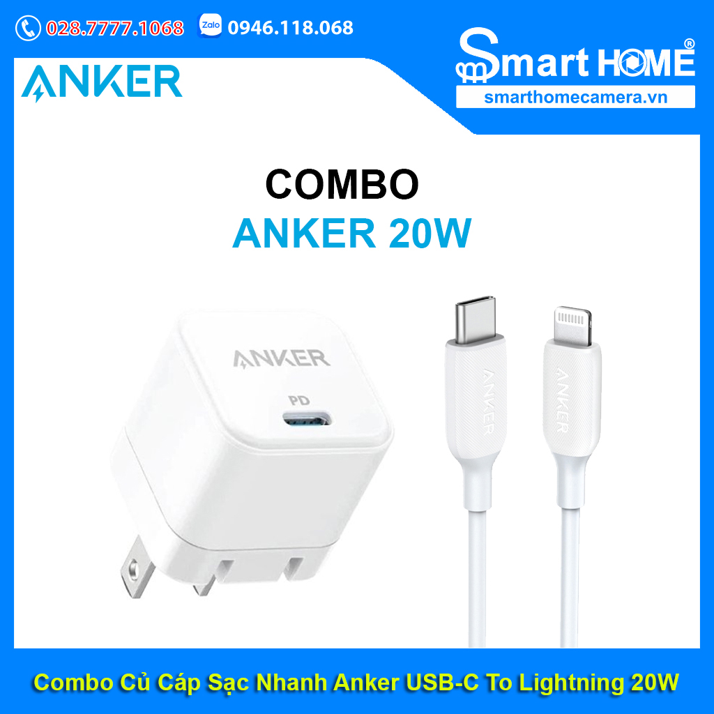 Combo Củ Cáp Sạc Nhanh Anker USB-C To Lightning 20W (A2149P21 + A8632)