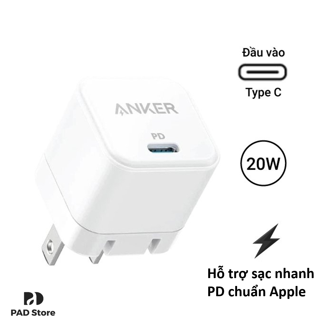 Combo Củ Cáp Sạc Nhanh Anker USB-C To Lightning 20W (A2149P21 + A8632)